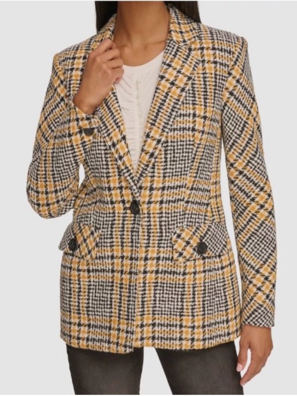 Karl LafeWoven Plaid Single-Button Blazer Jacket Office Professional Preppy